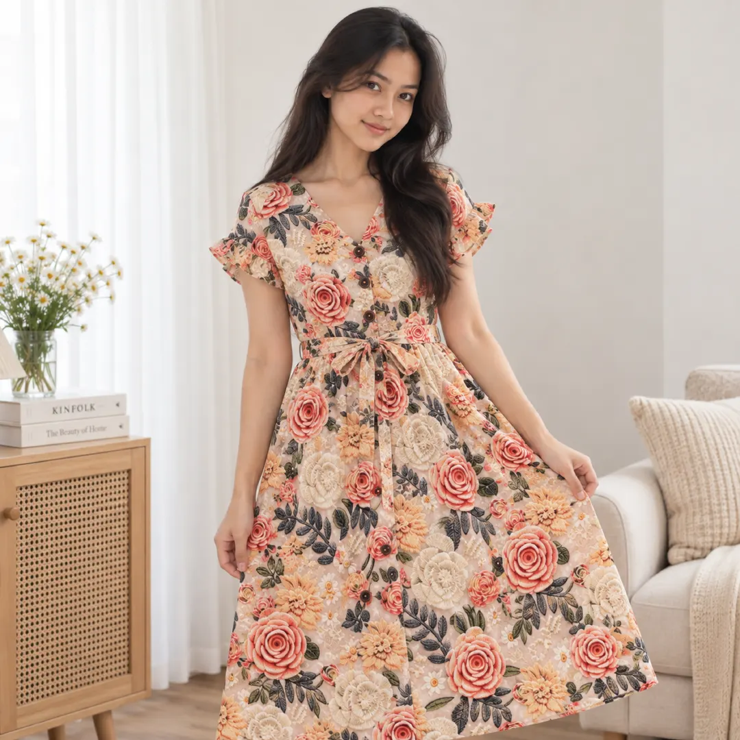 Daster Korean Ruffle Rose Garden